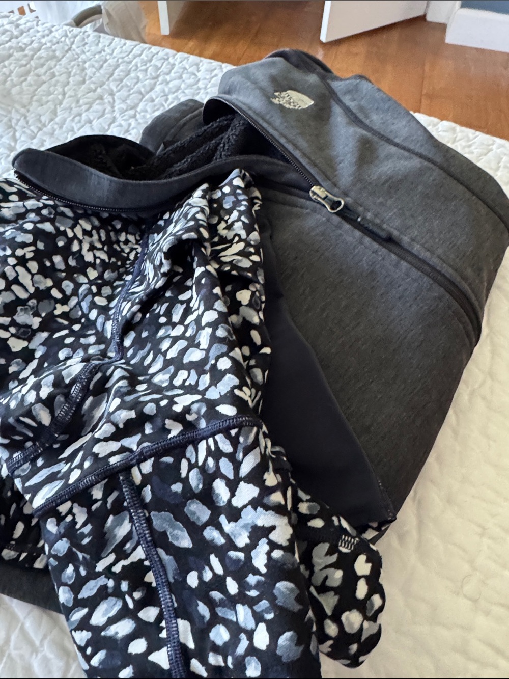 The North Face Charcoal Gray comfy jacket size so with Athleta capris